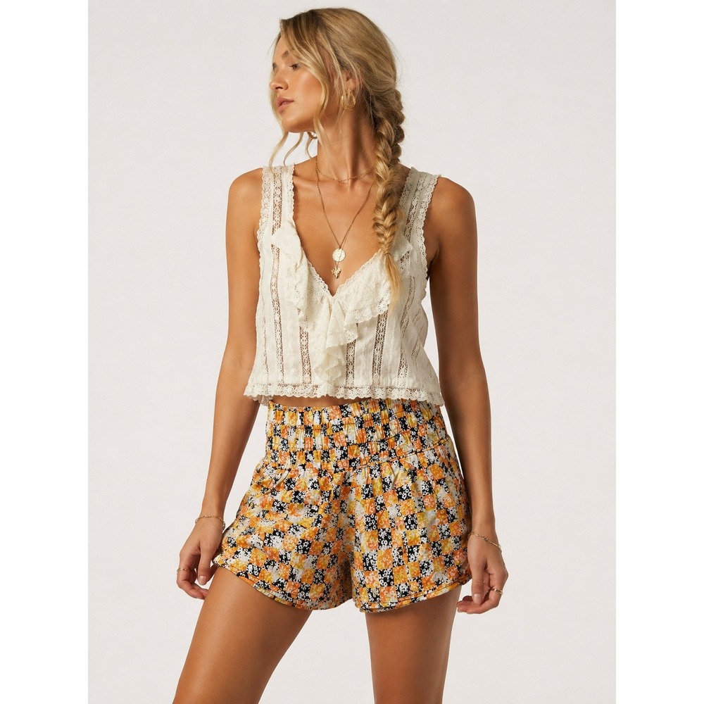 Free People FP Movement Way Home Shorts Orange Floral Checkerboard Smocked M